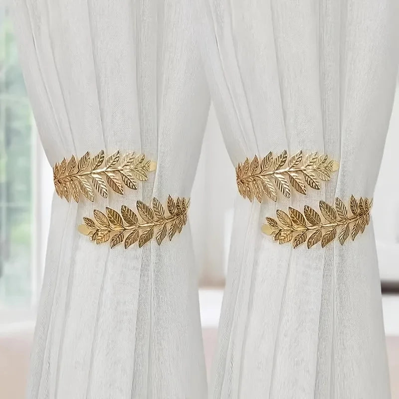 Metal Leaf Curtain Tiebacks with Adjustable Rings – Set of 2 Curtain Tiebacks Babs Gold -2pcs