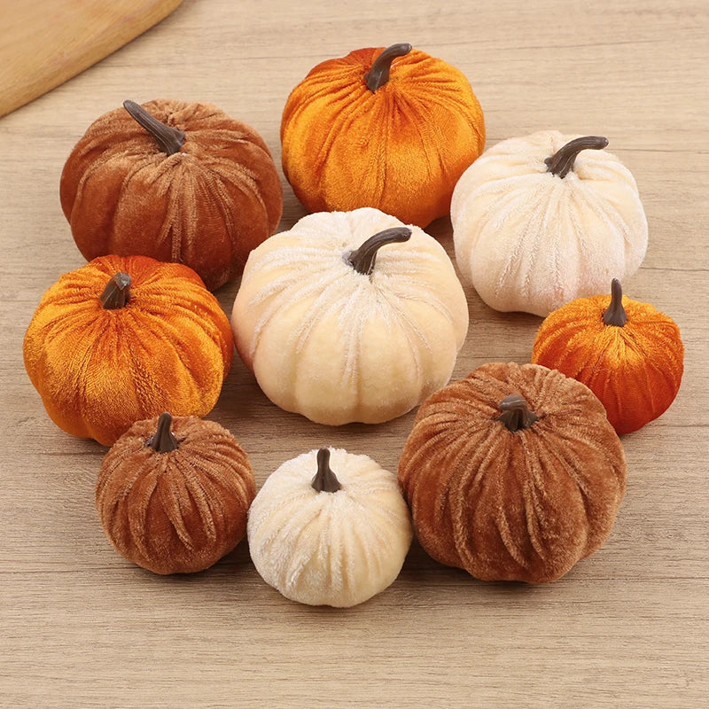 9pc Velvet Artificial Pumpkins – Fall Halloween Thanksgiving Decor Artificial Pumpkins Babs