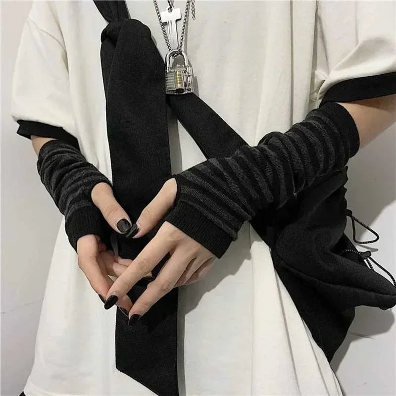 Y2K Gothic Fingerless Arm Warmers – Striped Punk Elbow Gloves Fingerless Arm Warmers Babs