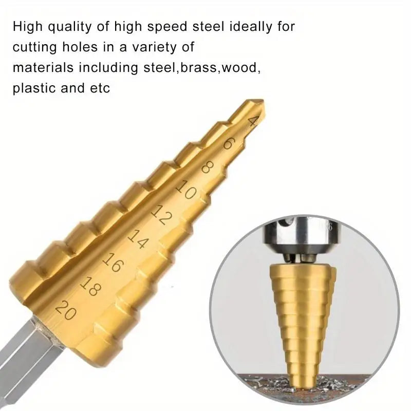 3-Pc HSS Titanium Step Drill Bit Set – 3-12mm to 4-20mm Step Drill Bit Set Babs