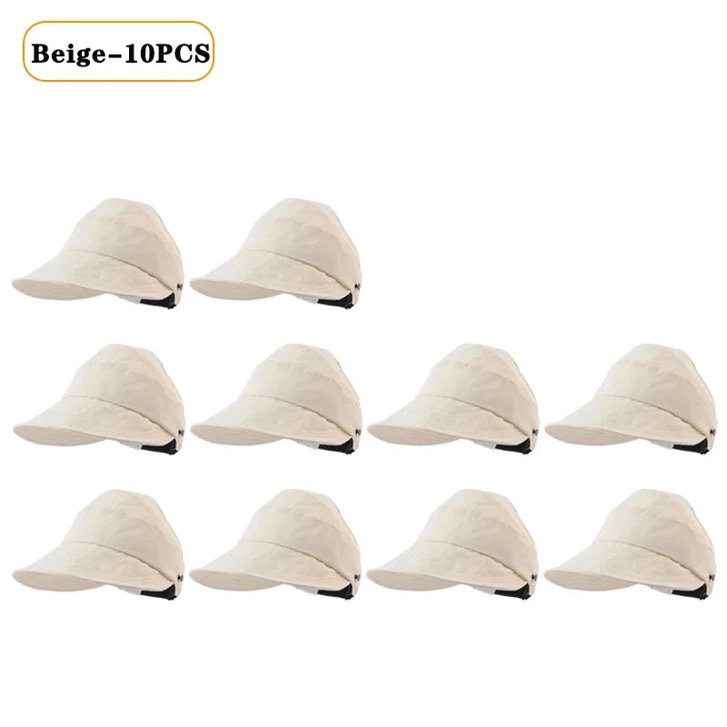 Foldable Wide Brim Ponytail Sun Hat – Adjustable Beach Cap Wide Brim Sun Hat Babs Beige-10PCS 55-58cm