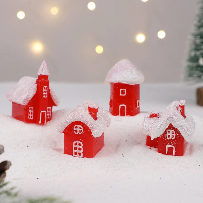 4pcs Christmas Village Resin Figurines – Snowy Miniature Houses Christmas Village Figurines Babs