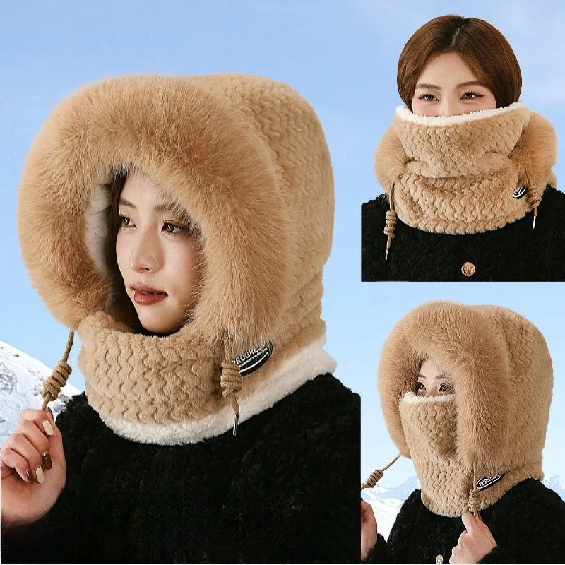 Women's Thermal Plush Hat Hood Scarf & Mask | Windproof Winter Hat Hood Scarf Babs