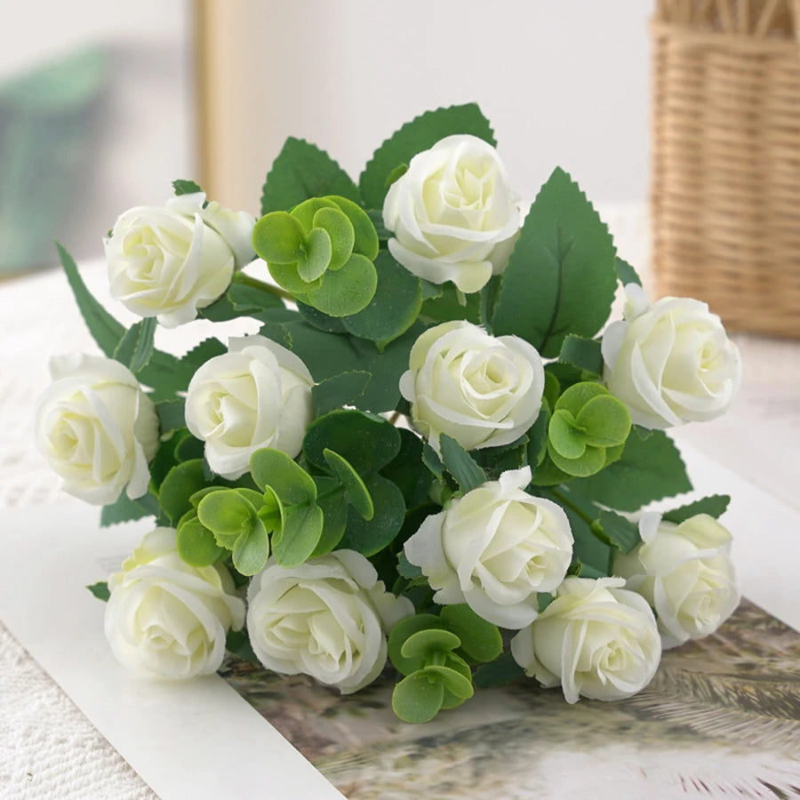 Silk Rose & Eucalyptus Artificial Flower Bouquet | Home Decor Artificial Flower Bouquet Babs WHITE 1pc