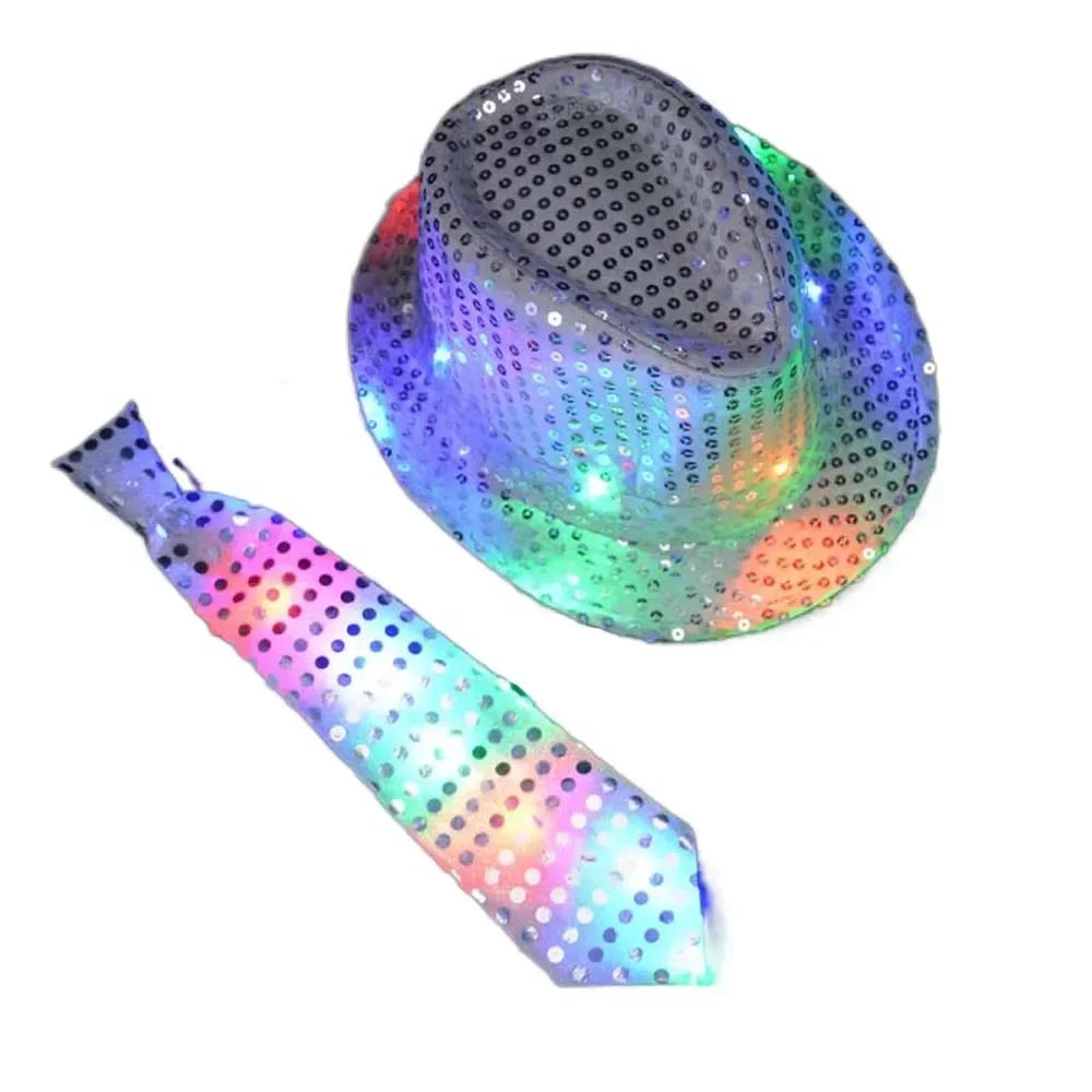 LED Light Up Sequin Jazz Hat & Tie Set | Party Costume LED Party Costume Set Babs