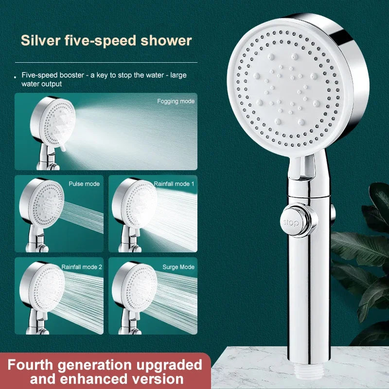 5-Mode High-Pressure Water-Saving Handheld Shower Head + Hose Handheld Shower Head Babs Silver showerhead