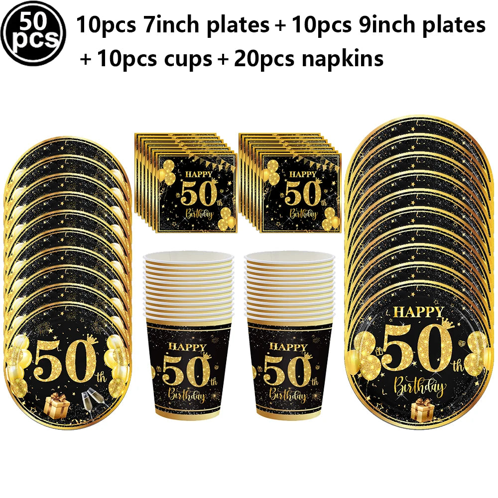 50th Birthday Party Decorations – Black & Gold Tableware Set Party Tableware Set Babs