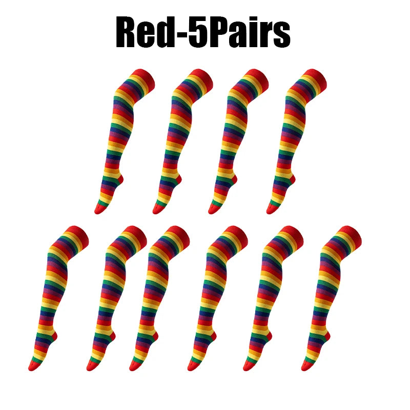 Rainbow Striped Over-Knee Socks – Soft Elastic Long Stockings Over-Knee Stockings Babs as show Red 5Paris