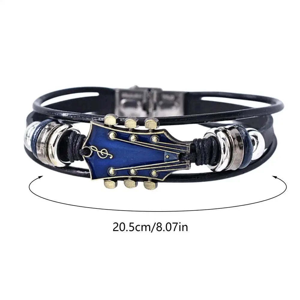 Retro Punk Guitar Charm Bracelet – Braided PU Leather Wrap Charm Wrap Bracelet Babs Blue