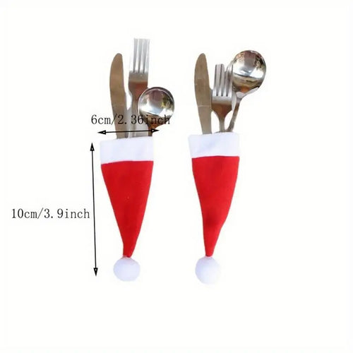 10 Mini Santa Hats – Christmas Cutlery & Wine Bottle Covers Christmas Decoration Set Babs