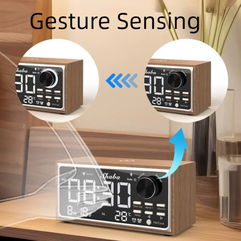 Wooden Digital Desk Clock with Wireless Charging & FM Radio Digital Desk Clock Babs