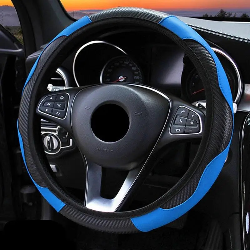 PU Leather Car Steering Wheel Cover – Anti-Slip 38cm Steering Wheel Cover Babs Blue