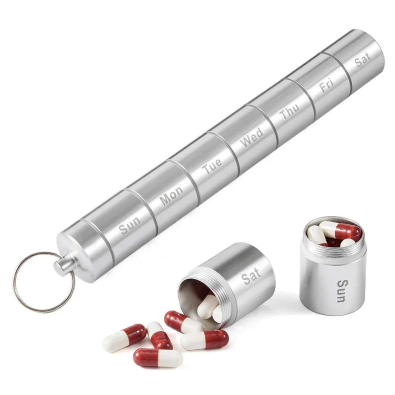 Aluminum Alloy Waterproof Pill Box with Keychain | 7-Day Pill Organizer Babs