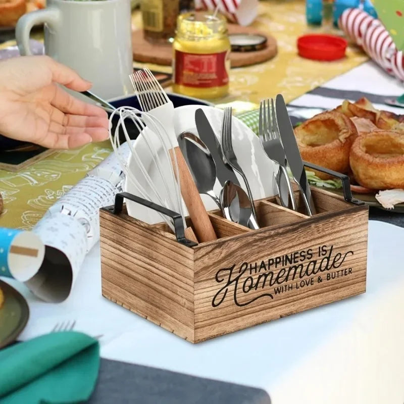 Wooden Coffee Bar Storage Box – 4 Compartments & Handles Kitchen Storage Caddy Babs