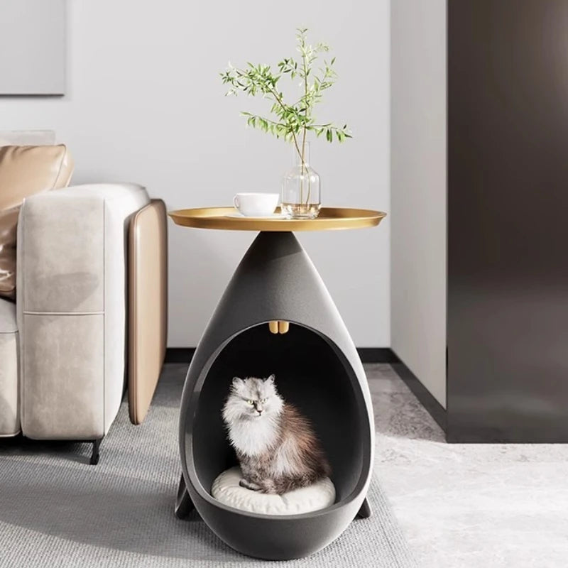 Nordic Round Coffee Table with Cat House & Storage | Modern Coffee Side Table Babs