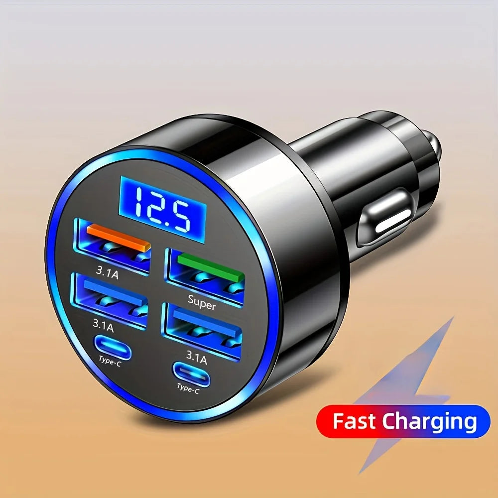 6-in-1 Fast Car Charger 3.1A Dual USB-C with Digital Display Car Charger Adapter Babs