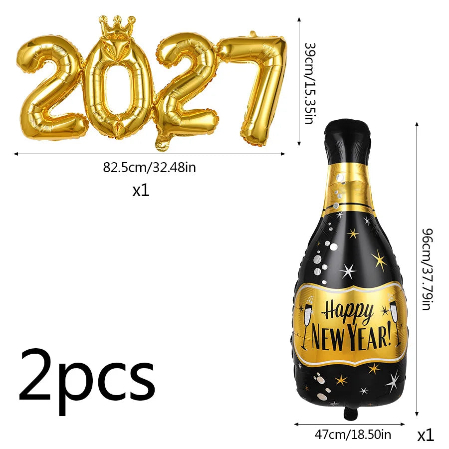 2027 New Year Foil Balloon Set – Bottle & Crown Party Decor Foil Party Balloons Babs