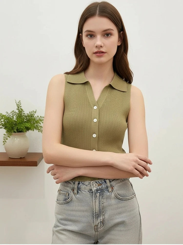 Women's Solid Knit Sleeveless Cardigan – Korean Style Jumper Knit Cardigan Babs Green One Size