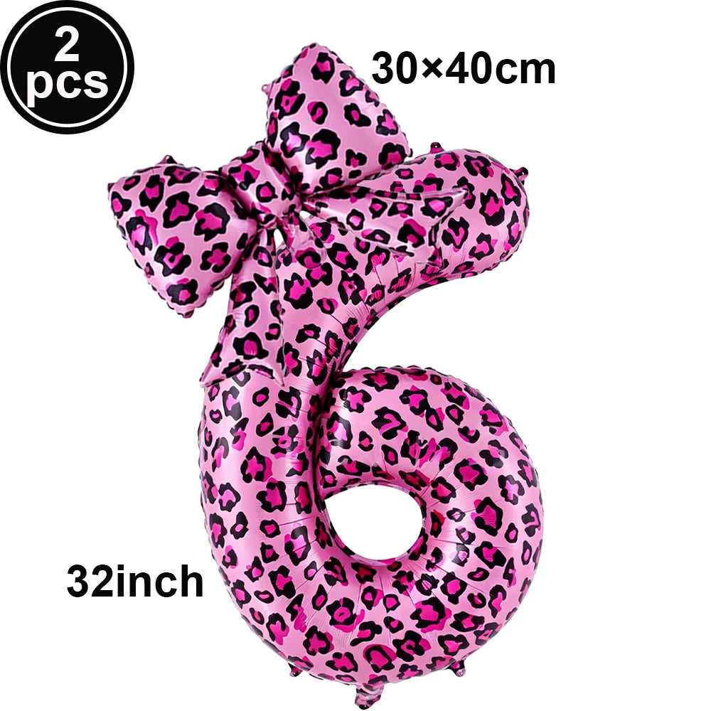 32" Pink Leopard Number Foil Balloons with Bow – Party Decor Party Foil Balloons Babs A-6 As pictures show