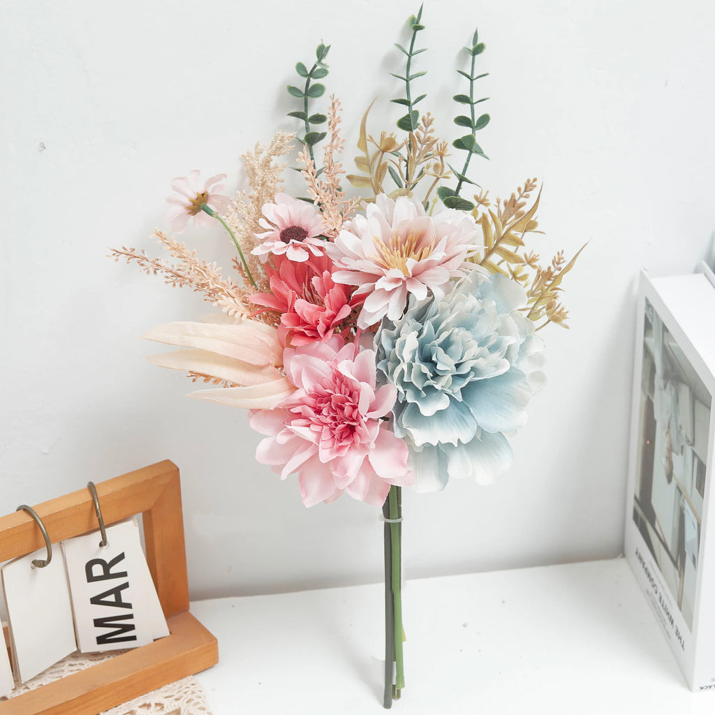 Silk Artificial Peony, Daisy & Eucalyptus Flowers – 39cm Artificial Silk Flowers Babs Pink Blue