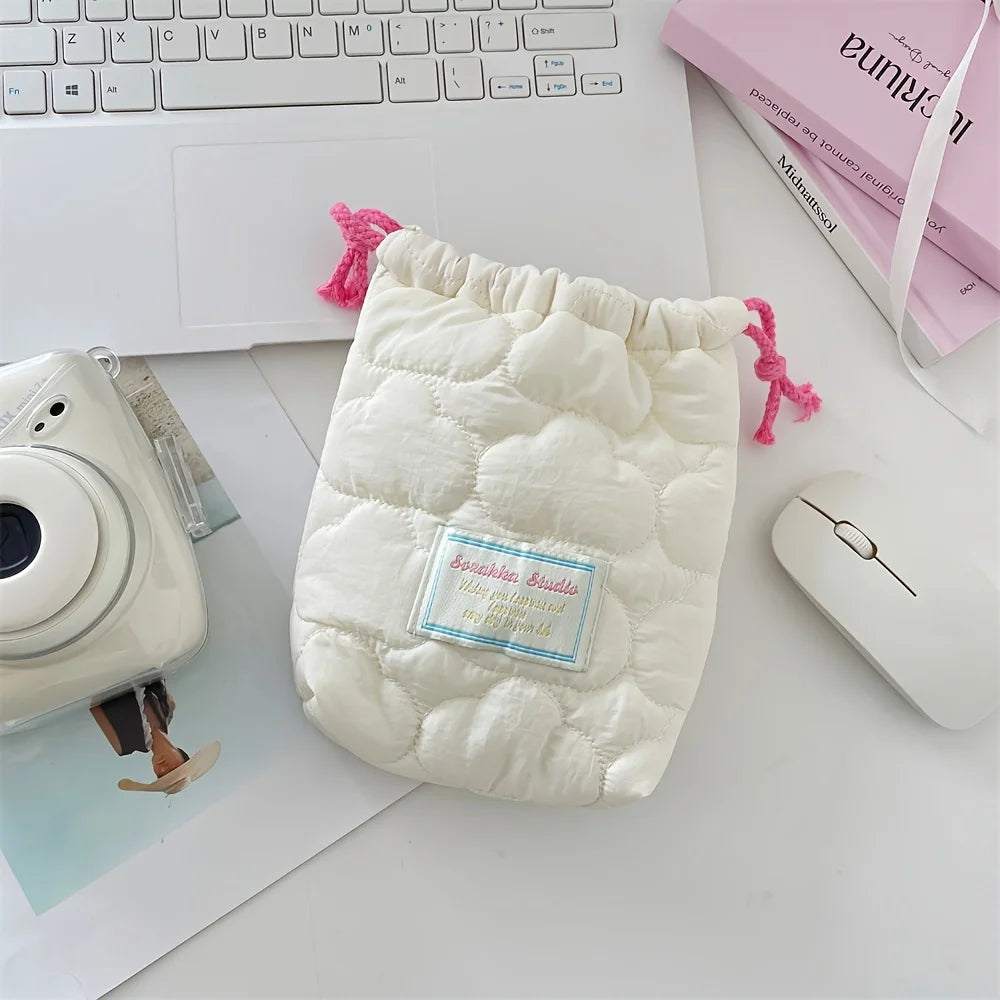 Cute Drawstring Makeup & Camera Storage Bag | Travel Pouch Drawstring Storage Bag Babs WHITE