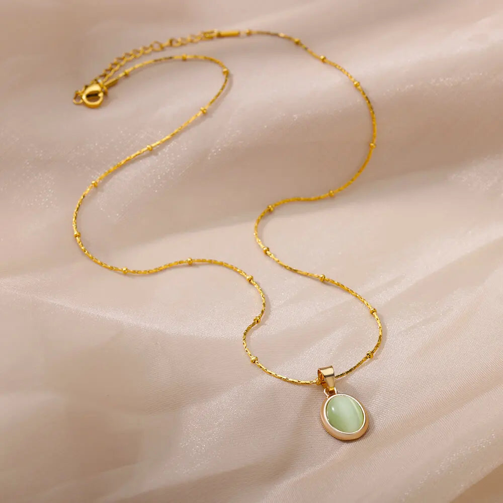Opal Oval Pendant Necklace Gold Stainless Steel – Women's Gift Opal Pendant Necklace Babs