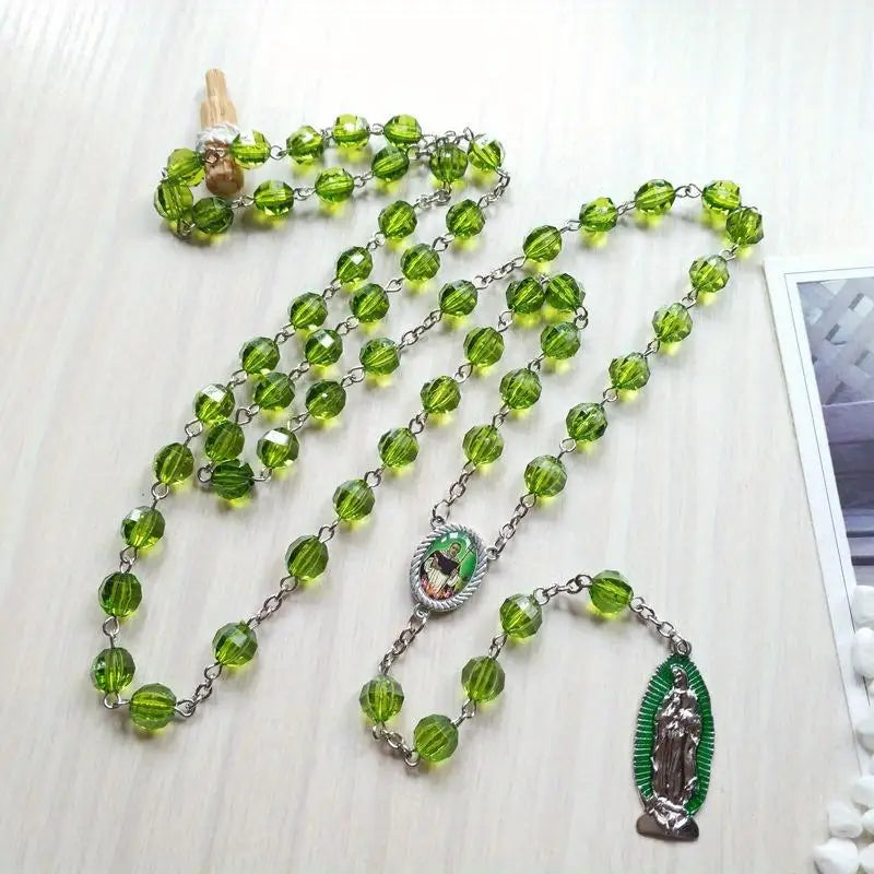 Green Virgin Mary Cross Necklace – Acrylic Sweater Chain Religious Chain Necklace Babs