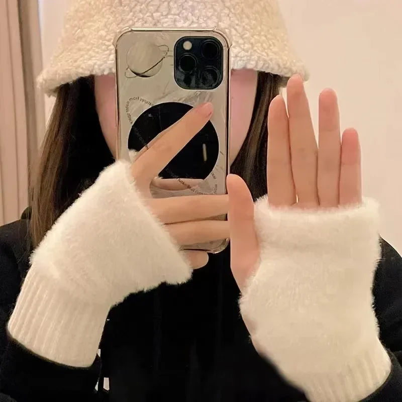Women's Plush Half-Finger Gloves – Warm Cute Fingerless Winter Fingerless Winter Gloves Babs