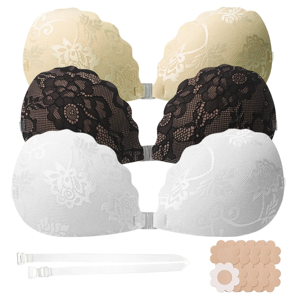 Scalloped Lace Adhesive Bra – Front Buckle Push Up Sticky Bra Adhesive Push-Up Bra Babs
