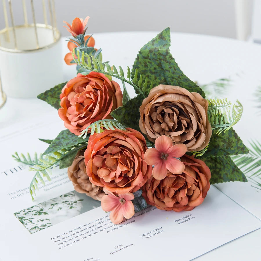 Silk Peony Artificial Flower Bouquet for Wedding & Home Décor Artificial Flower Bouquet Babs Orange 1 pc
