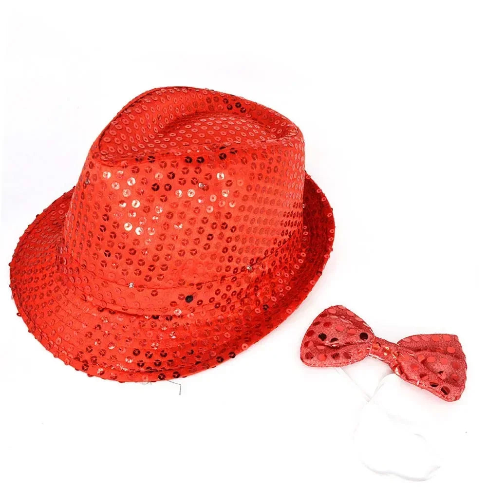 LED Light Up Sequin Jazz Hat & Tie Set | Party Costume LED Party Costume Set Babs light up red Adult size