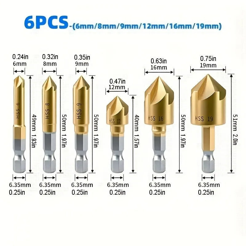 6PC Titanium HSS 5-Blade Countersink Drill Bit Set – Hex Shank Countersink Drill Bit Set Babs