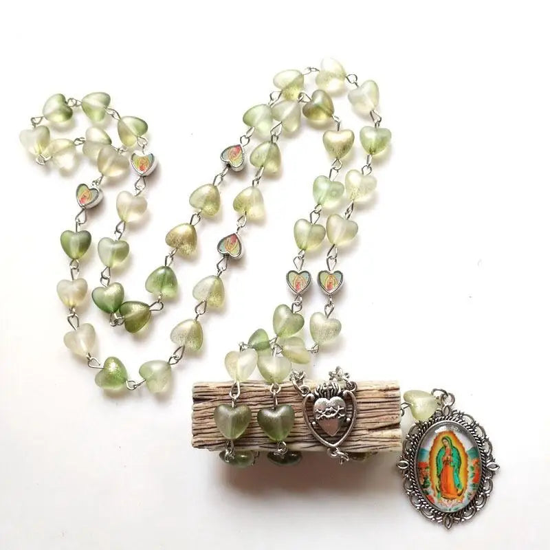 Acrylic Bead Catholic Rosary Necklace – Cross & Guadalupe Pendant Religious Rosary Necklace Babs