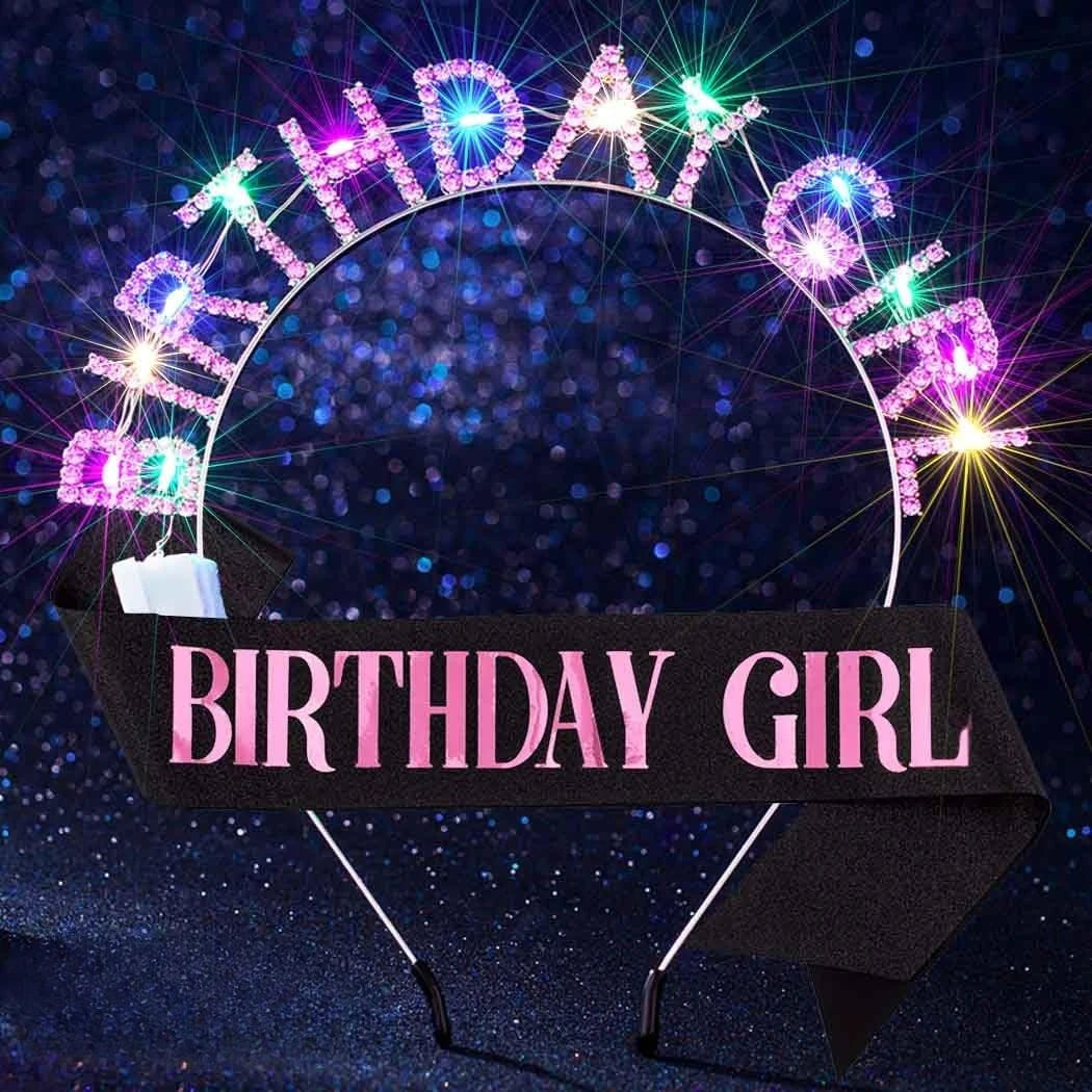 Light Up Birthday Crown & Sash Set – LED Rhinestone Headband Party Crown Sash Set Babs Pink Black