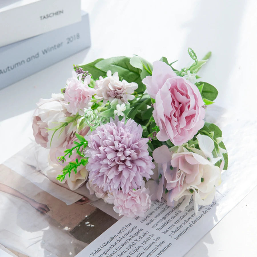Artificial Silk Peony Hydrangea Bouquet – Wedding & Home Decor Artificial Flower Bouquet Babs PURPLE 6 pcs