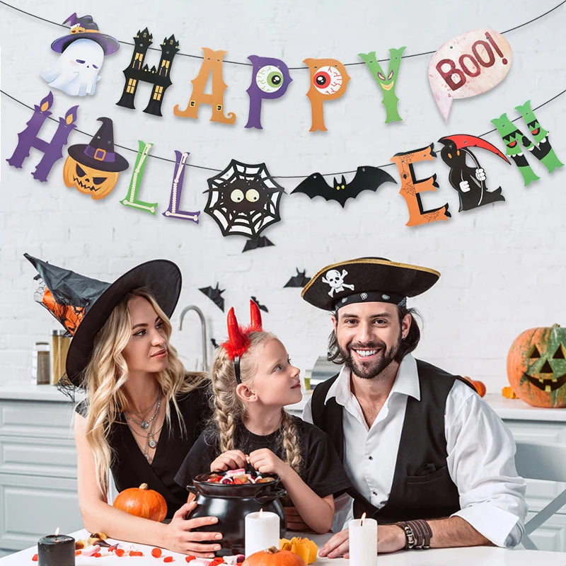 Halloween Paper Banner Garland – Bat, Pumpkin & Ghost Decor Halloween Party Garland Babs