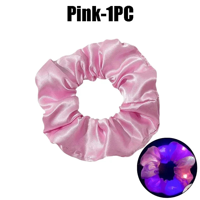 LED Light-Up Scrunchies – Satin Elastic Hair Bands for Parties LED Hair Scrunchies Babs Pink-1PC