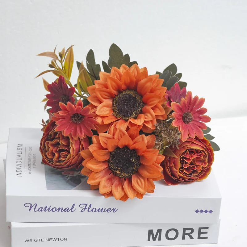 Silk Peony Sunflower Daisy Artificial Flowers – Home & Wedding Artificial Flower Stems Babs Deep Orange 1PC