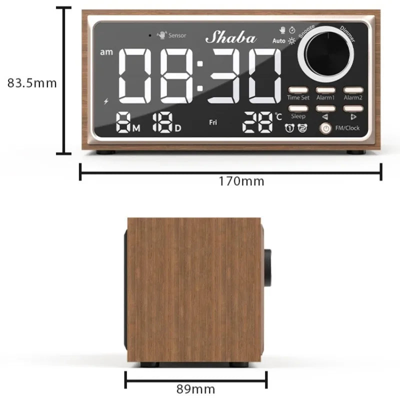 Wooden Digital Desk Clock with Wireless Charging & FM Radio Digital Desk Clock Babs
