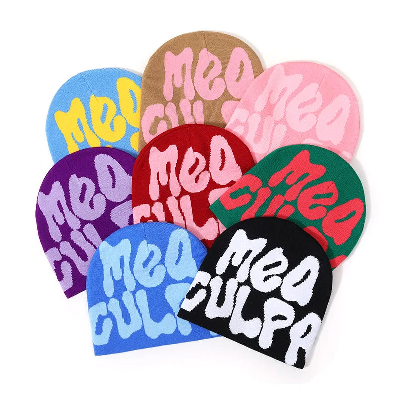 Unisex Y2K 'Mea Culpa' Knitted Beanie Hat – 17 Colors Knitted Beanie Hat Babs