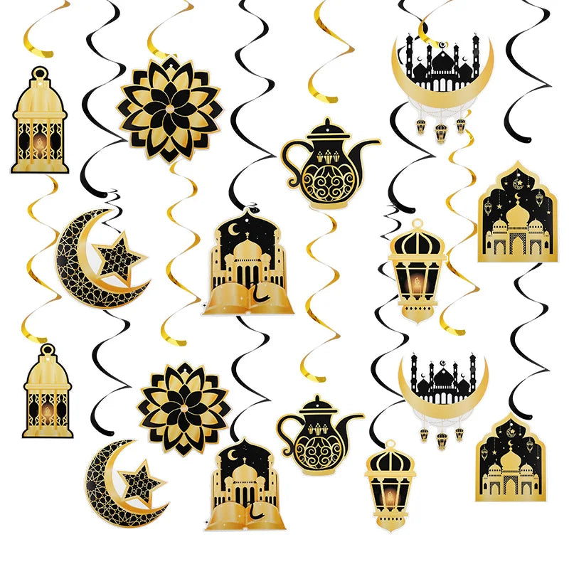 8pcs Eid Mubarak Gold Banner & Spiral Pendants Ramadan Decor Holiday Party Decorations Babs