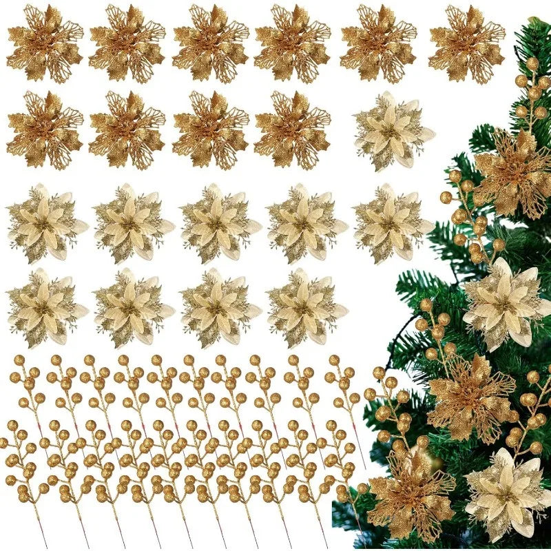 3Pcs White Glitter Artificial Flower Stems Christmas Tree Decor Christmas Tree Picks Babs Gold 3Pcs