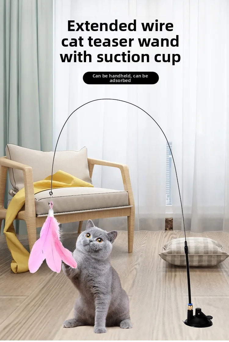 Cat Teaser Wand Toy – Interactive Bell & Feather with Suction Cup Cat Feather Wand Babs