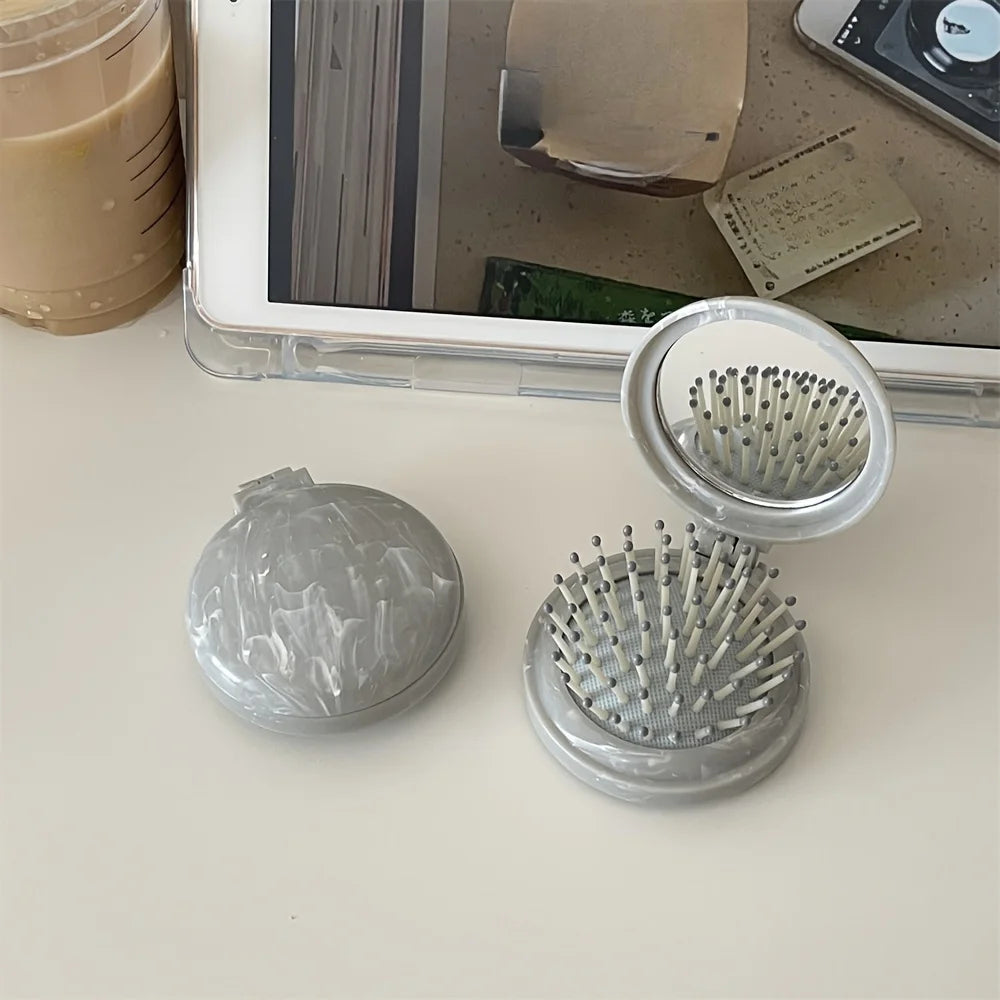 Marble Air Cushion Hair Comb with Mirror – Foldable Travel Air Cushion Hair Comb Babs LIGHT GRAY