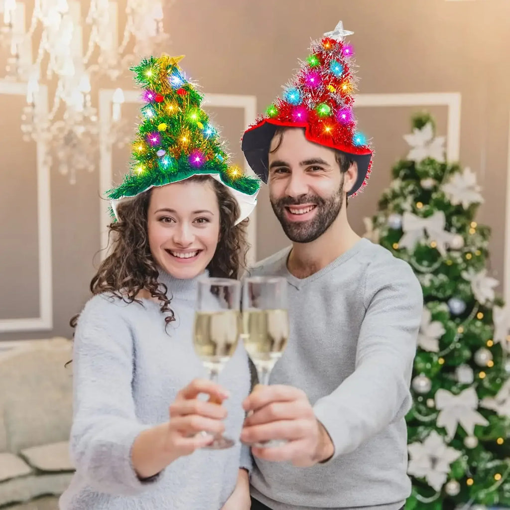 LED Glowing Christmas Tree Hat with Tinsel & Lights LED Christmas Hat Babs