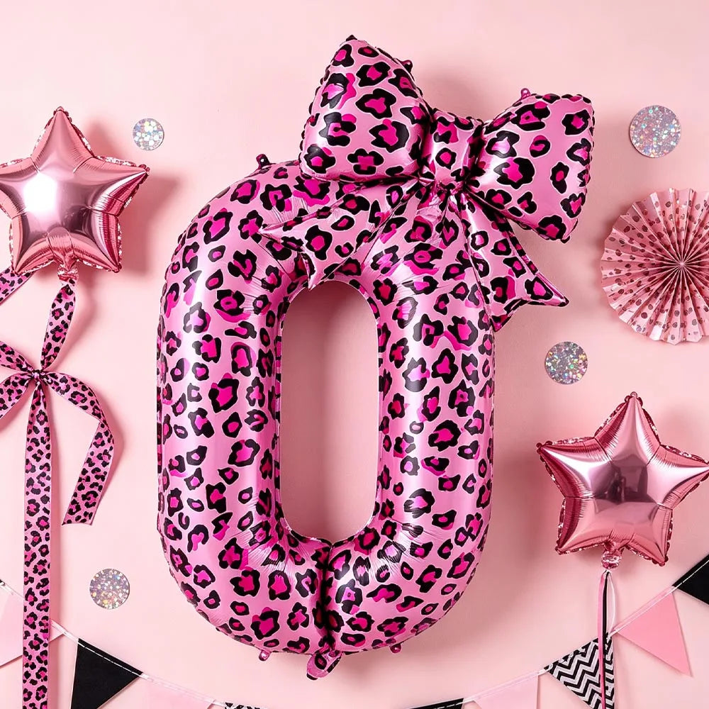 32" Pink Leopard Number Foil Balloons with Bow – Party Decor Party Foil Balloons Babs