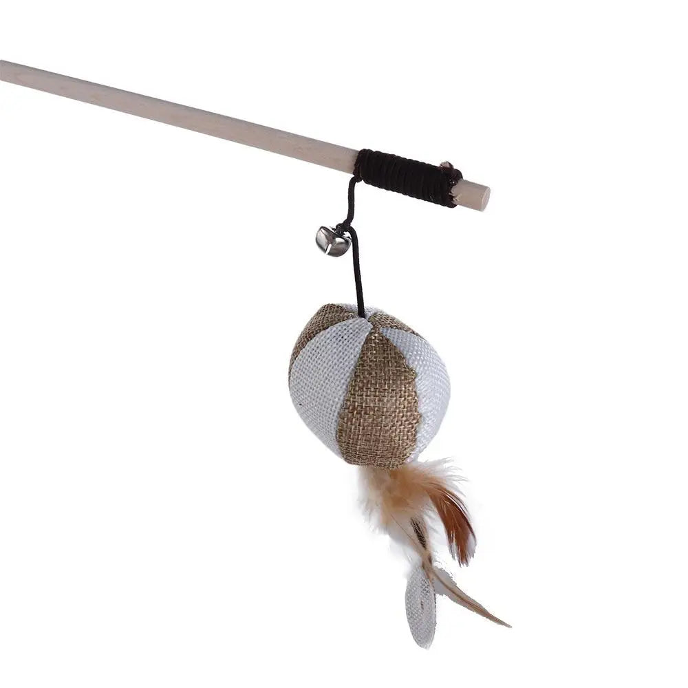 Cat Teaser Wand Toy – Feather, Bell & Linen Mouse Interactive Cat Teaser Wand Babs