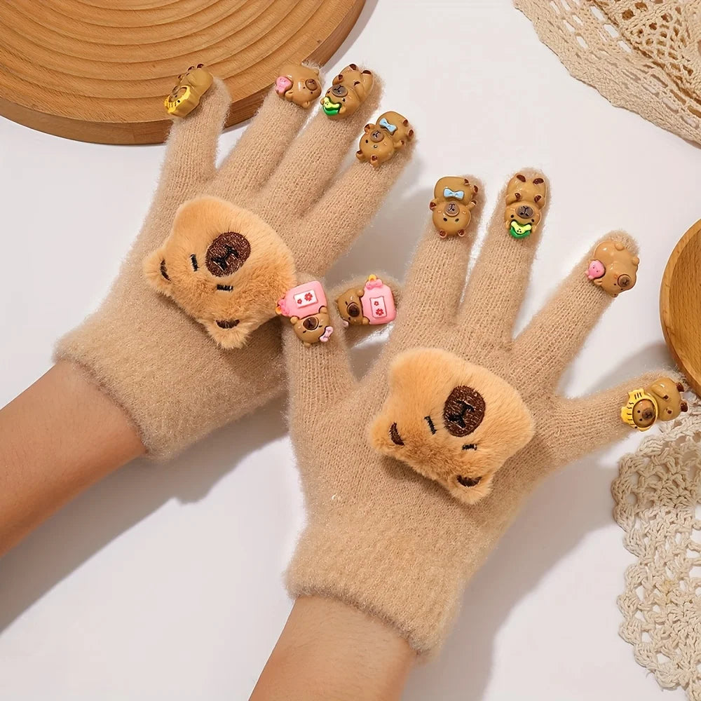 Cute Capybara Plush Knit Winter Gloves for Women Winter Knit Gloves Babs