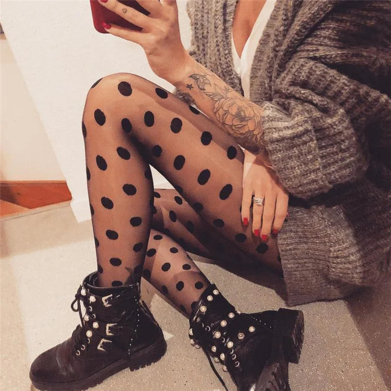 Women's Polka Dot Fishnet Pantyhose – Seamless Nylon Tights Fishnet Pantyhose Tights Babs