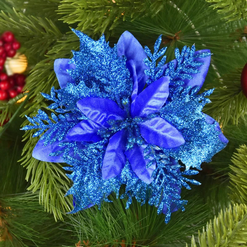 Glitter Artificial Christmas Flowers 5/10Pcs – 14cm Xmas Ornaments Christmas Flower Ornaments Babs blue 5pcs